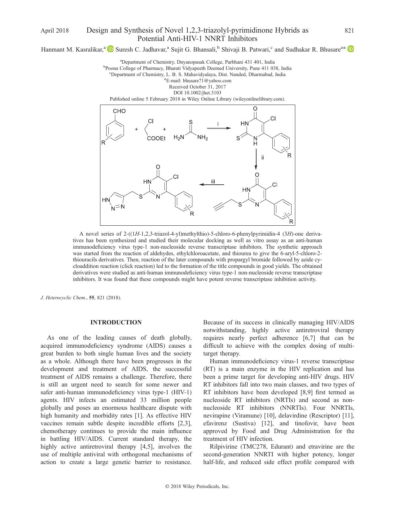 Design and Synthesis of Novel 1,2,3-triazolyl-pyrimidinone Hybrids as Potential Anti-HIV-1 NNRT Inhibitors by unknow