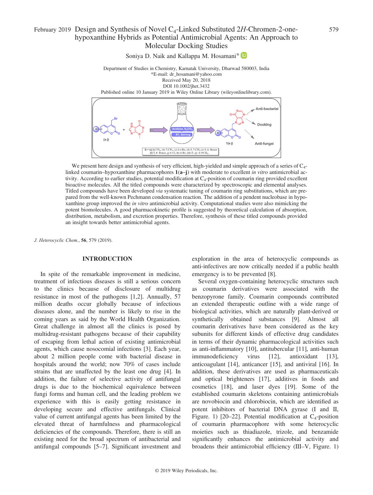 Design and Synthesis of Novel C4-Linked Substituted 2H-Chromen-2-one-hypoxanthine Hybrids as Potential Antimicrobial Agents: An Approach to Molecular Docking Studies by Soniya D. Naik & Kallappa M. Hosamani