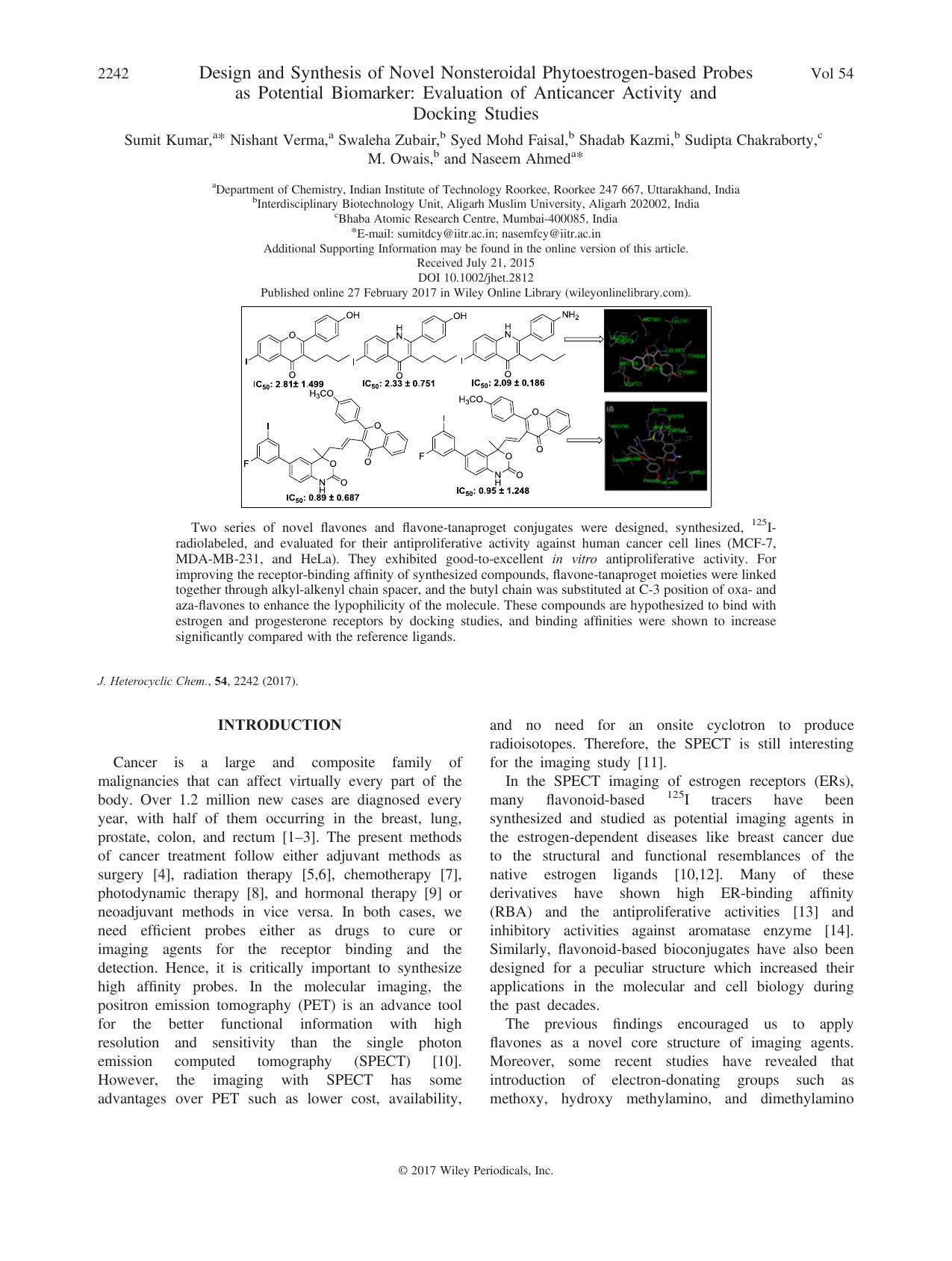 Design and Synthesis of Novel Nonsteroidal Phytoestrogen-based Probes as Potential Biomarker: Evaluation of Anticancer Activity and Docking Studies by unknow