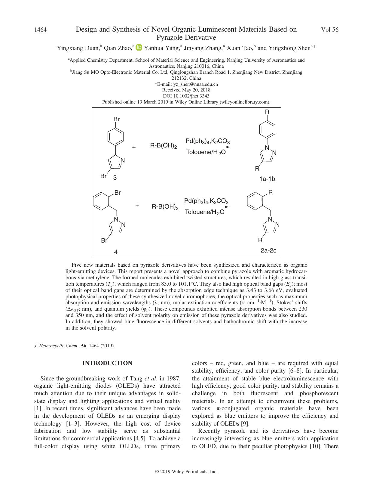 Design and Synthesis of Novel Organic Luminescent Materials Based on Pyrazole Derivative by Yingxiang Duan Qian Zhao Yanhua Yang Jinyang Zhang Xuan Tao Yingzhong Shen