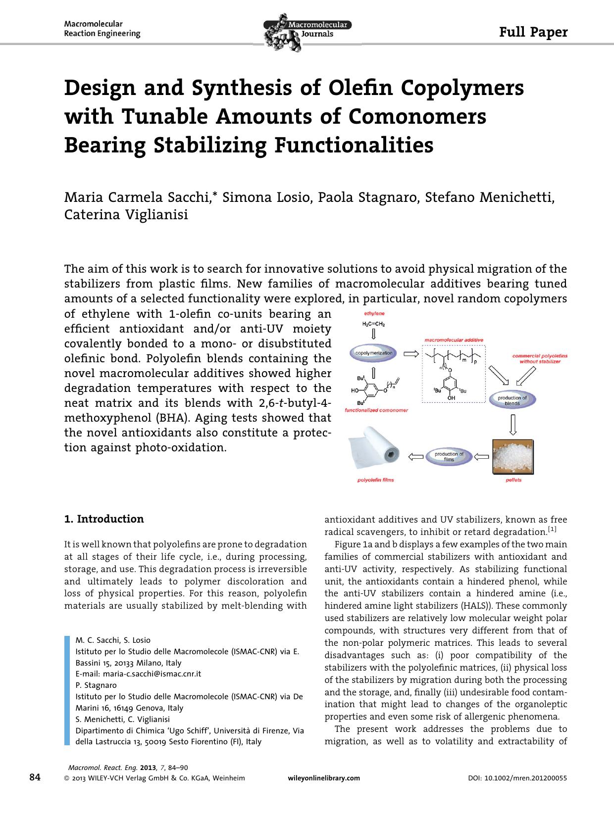 Design and Synthesis of Olefin Copolymers with Tunable Amounts of Comonomers Bearing Stabilizing Functionalities by Unknown