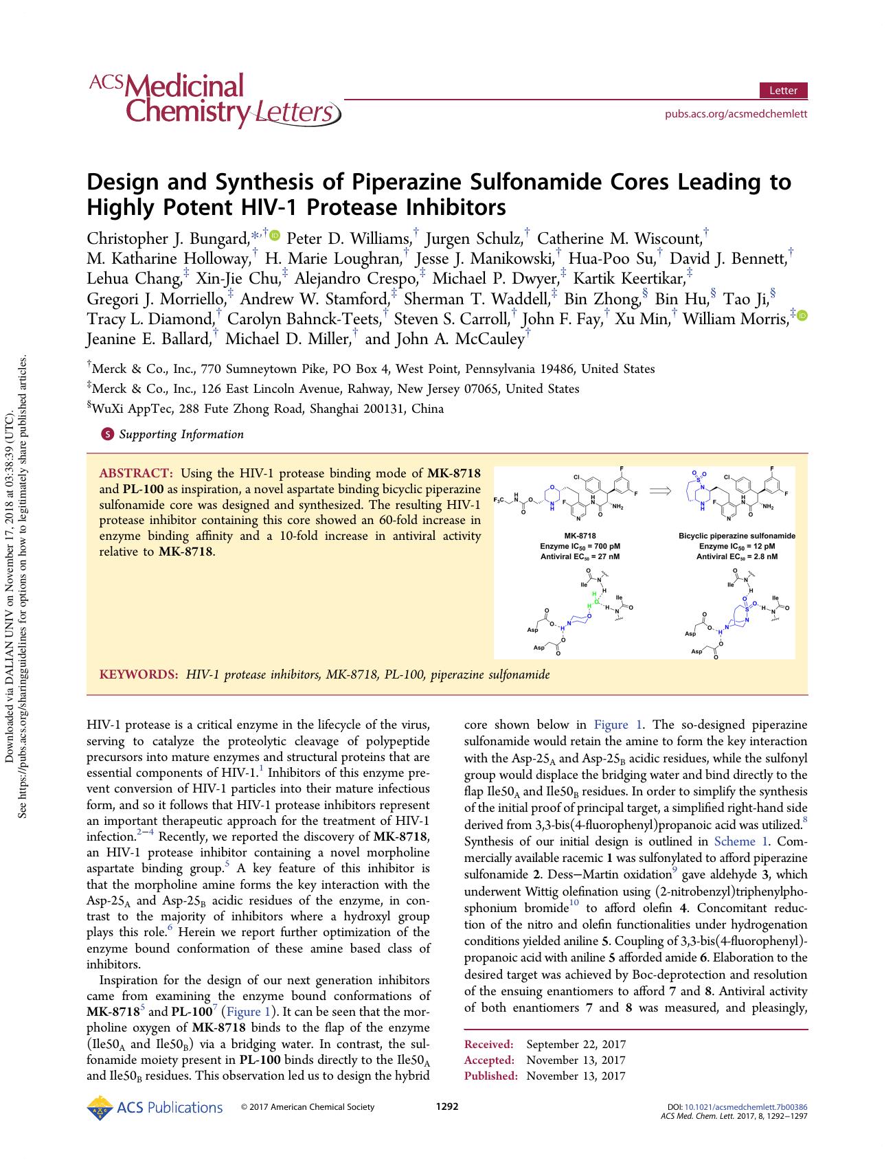 Design and Synthesis of Piperazine Sulfonamide Cores Leading to Highly Potent HIV-1 Protease Inhibitors by unknow