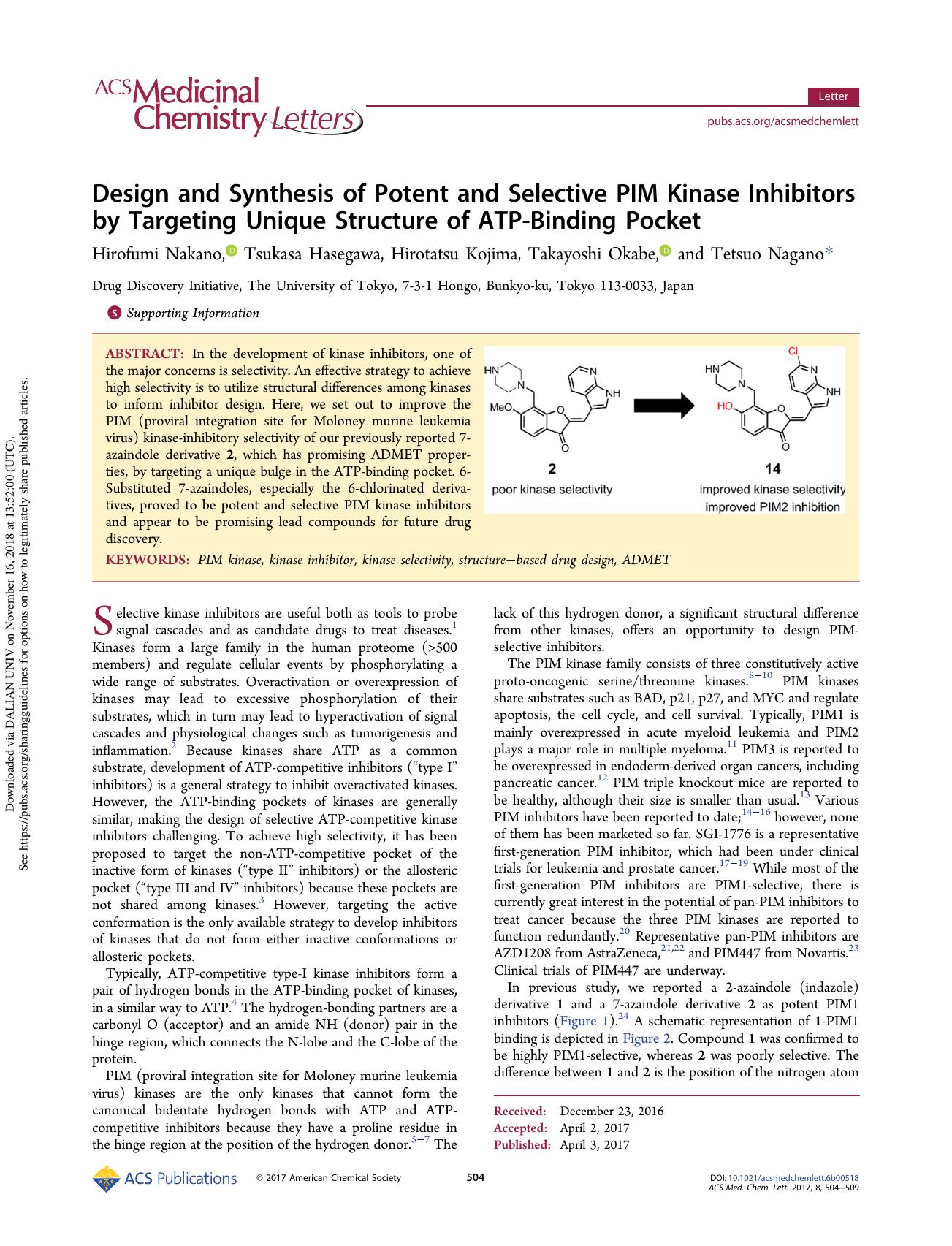 Design and Synthesis of Potent and Selective PIM Kinase Inhibitors by Targeting Unique Structure of ATP-Binding Pocket by Hirofumi Nakano Tsukasa Hasegawa Hirotatsu Kojima Takayoshi Okabe & Tetsuo Nagano