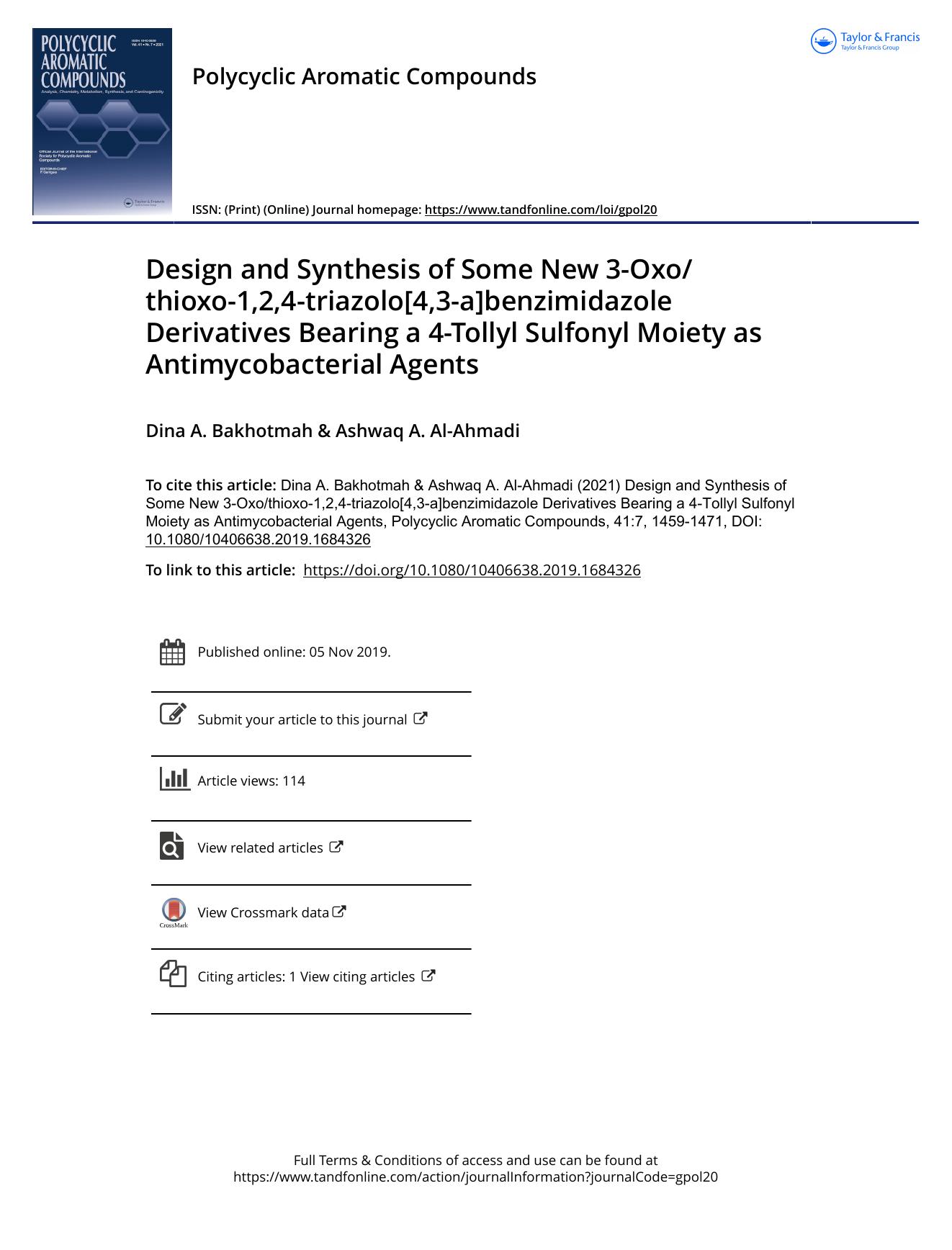 Design and Synthesis of Some New 3-Oxothioxo-1,2,4-triazolo[4,3-a]benzimidazole Derivatives Bearing a 4-Tollyl Sulfonyl Moiety as Antimycobacterial Agents by Bakhotmah Dina A. & Al-Ahmadi Ashwaq A
