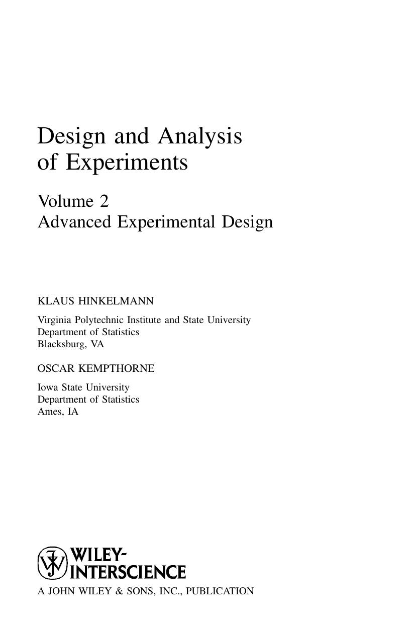 Design and analysis of experiments. Vol.2 Advanced experimental design by Klaus Hinkelmann Oscar Kempthorne