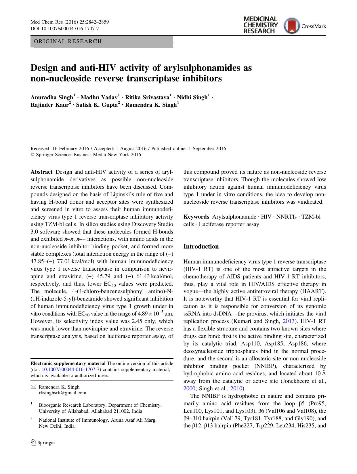 Design and anti-HIV activity of arylsulphonamides as non-nucleoside reverse transcriptase inhibitors by unknow