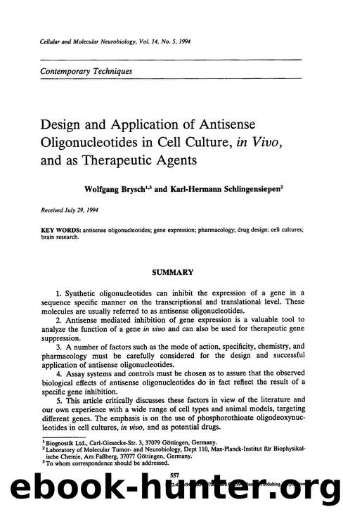 Design and application of antisense oligonucleotides in cell culture, <Emphasis Type="Italic">in vivo <Emphasis>, and as therapeutic agents by Unknown