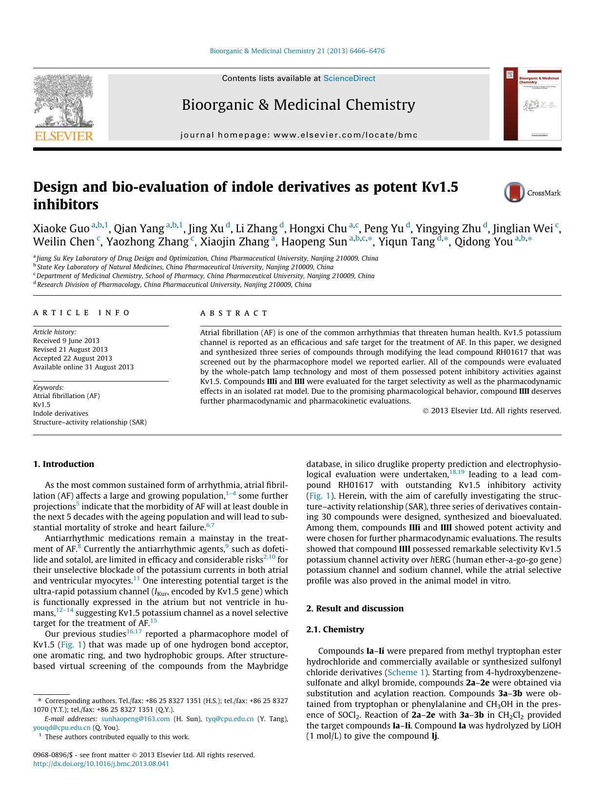 Design and bio-evaluation of indole derivatives as potent Kv1.5 inhibitors by unknow