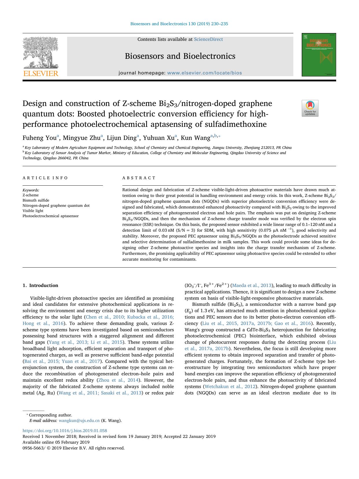Design and construction of Z-scheme Bi2S3nitrogen-doped graphene quantum dots_ Boosted photoelectric conversion efficiency for high-performance photoelectrochemical aptasensing of sulfadimethoxine by Fuheng You & Mingyue Zhu & Lijun Ding & Yuhuan Xu & Kun Wang
