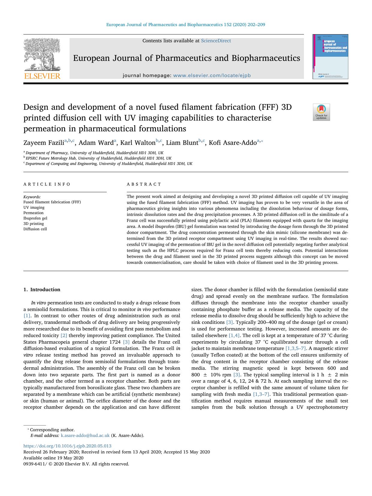 Design and development of a novel fused filament fabrication (FFF) 3D printed diffusion cell with UV imaging capabilities to characterise permeation in pharmaceutical formulations by Zayeem Fazili & Adam Ward & Karl Walton & Liam Blunt & Kofi Asare-Addo