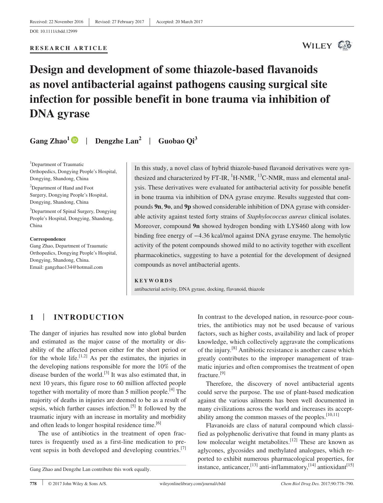 Design and development of some thiazole‐based flavanoids as novel antibacterial against pathogens causing surgical site infection for possible benefit in bone trauma via inhibition of DNA gyrase by unknow