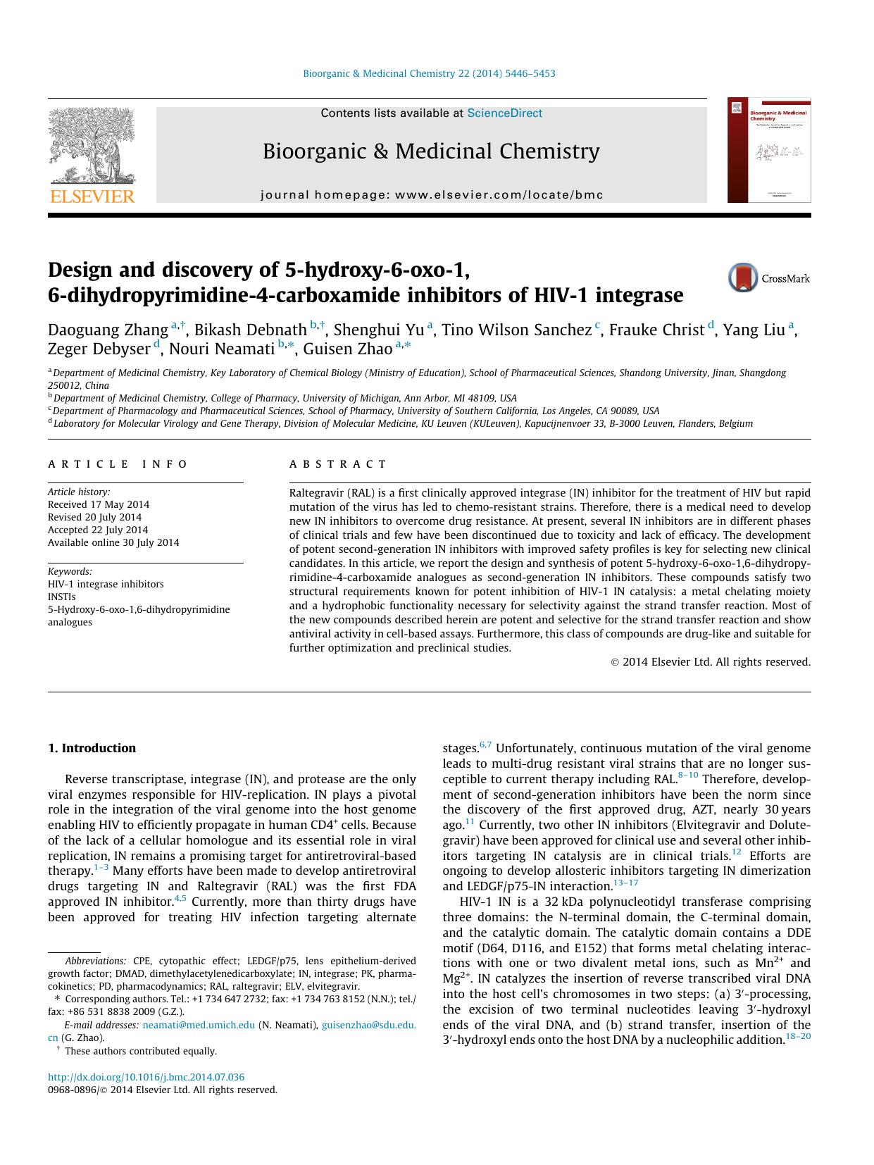 Design and discovery of 5-hydroxy-6-oxo-1,6-dihydropyrimidine-4-carboxamide inhibitors of HIV-1 integrase by unknow