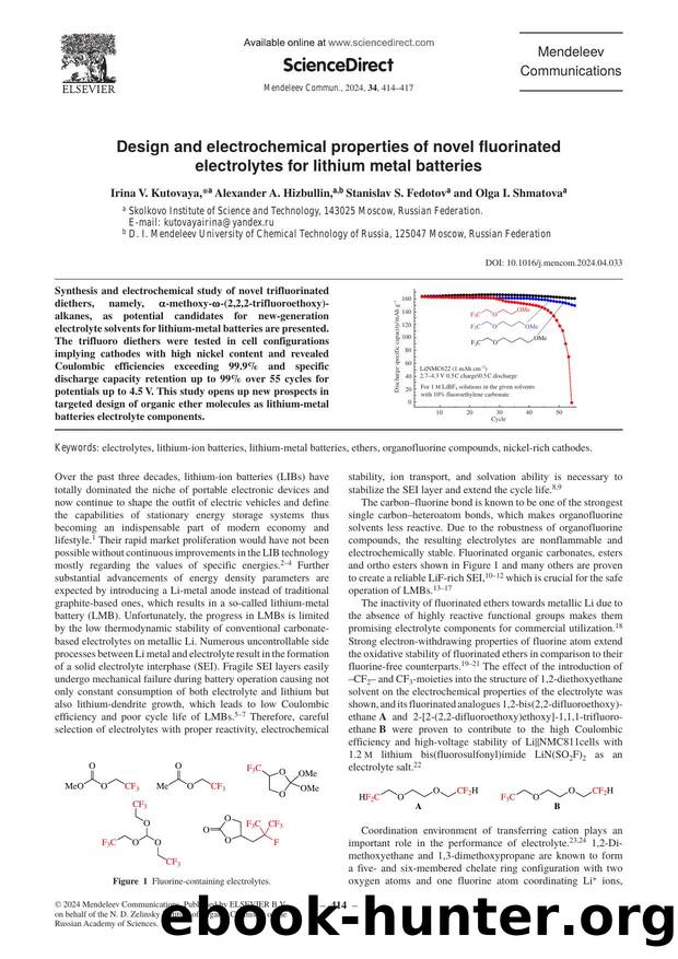 Design and electrochemical properties of novel fluorinated electrolytes for lithium metal batteries by Irina V. Kutovaya & Alexander A. Hizbullin & Stanislav S. Fedotov & Olga I. Shmatova