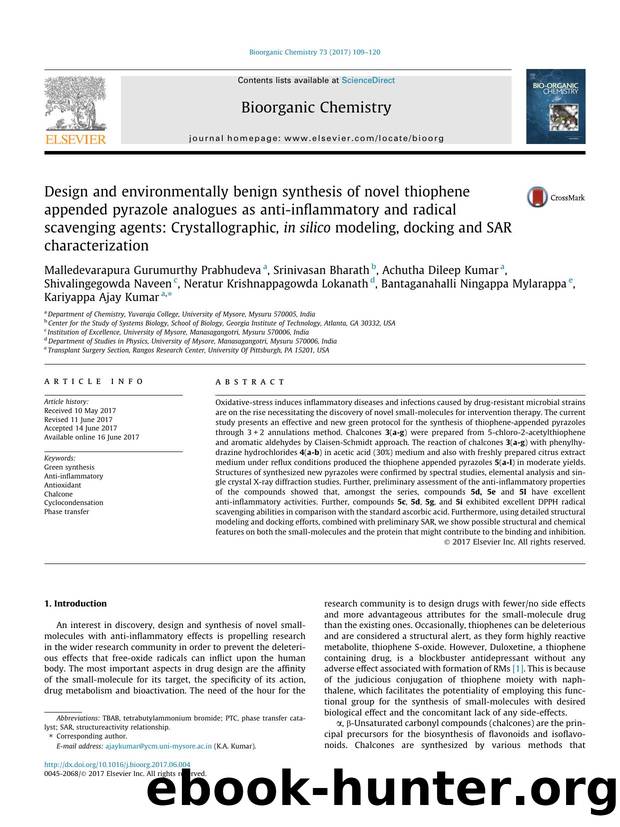 Design and environmentally benign synthesis of novel thiophene appended pyrazole analogues as anti-inflammatory and radical scavenging agents: Crystallographic, in silico modeling, by unknow
