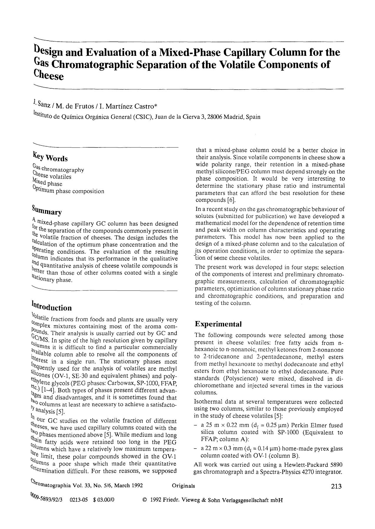 Design and evaluation of a mixed-phase capillary column for the gas chromatographic separation of the volatile components of cheese by Unknown