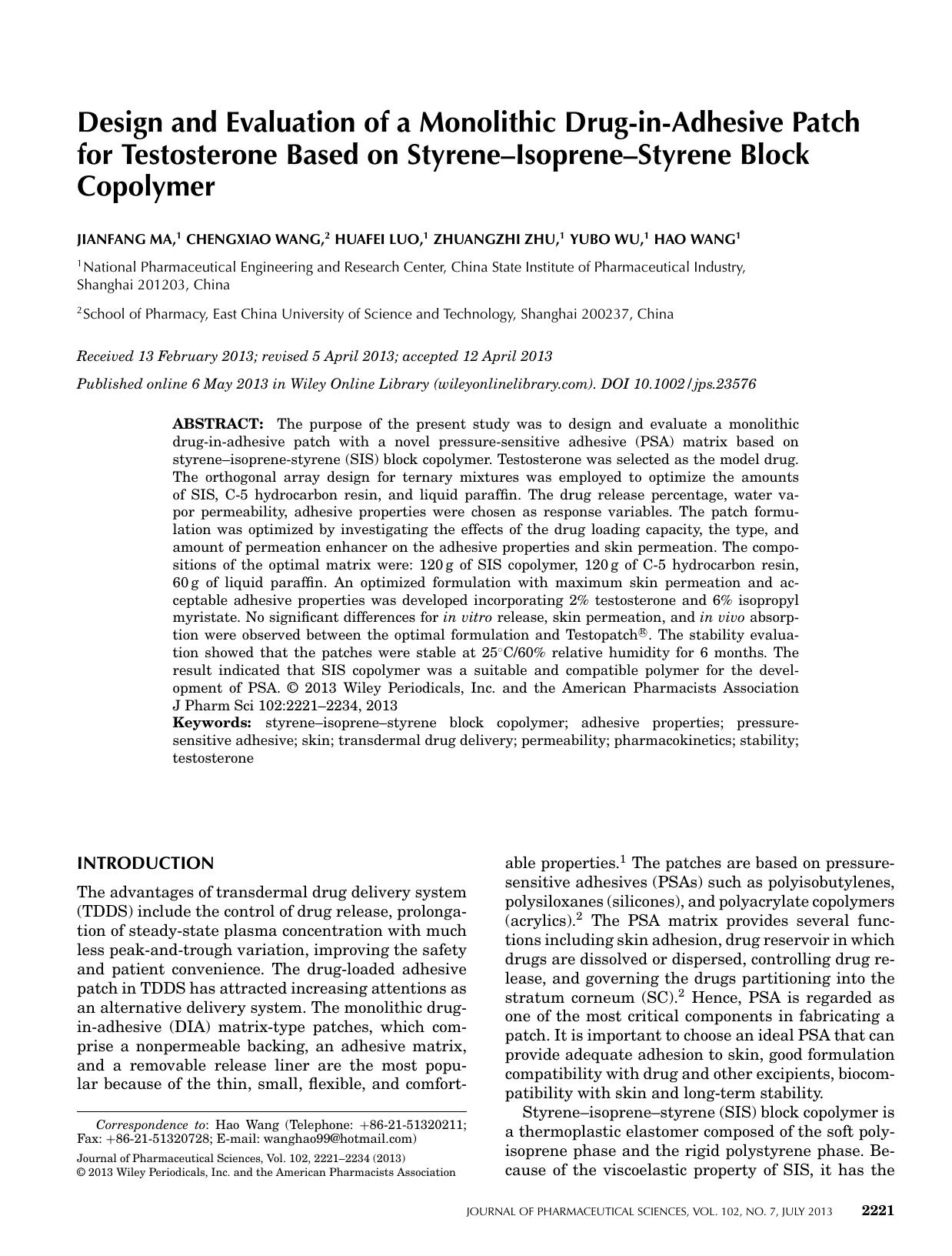 Design and evaluation of a monolithic druginadhesive patch for testosterone based on styreneisoprenestyrene block copolymer by Unknown