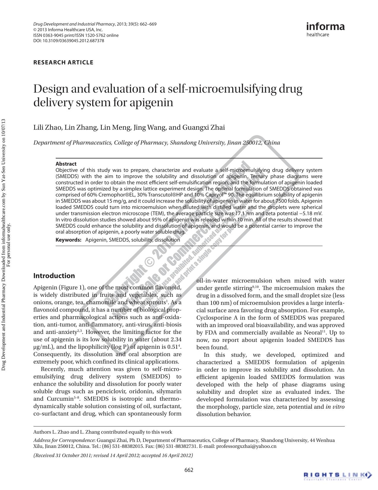 Design and evaluation of a self-microemulsifying drug delivery system for apigenin by Lili Zhao Lin Zhang Lin Meng Jing Wang Guangxi Zhai