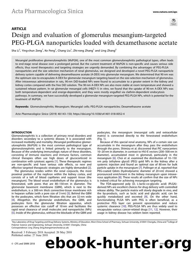 Design and evaluation of glomerulus mesangium-targeted PEG-PLGA nanoparticles loaded with dexamethasone acetate by Sha Li & Ying-chun Zeng & Ke Peng & Chang Liu & Zhi-rong Zhang & Ling Zhang