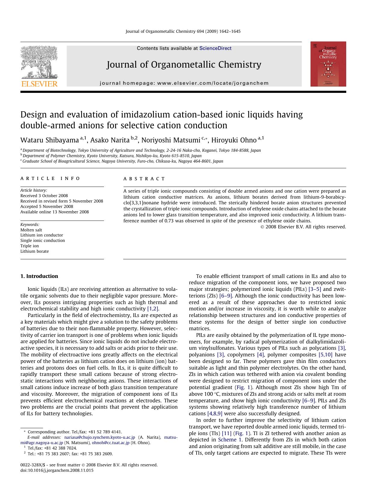 Design and evaluation of imidazolium cation-based ionic liquids having double-armed anions for selective cation conduction by Wataru Shibayama; Asako Narita; Noriyoshi Matsumi; Hiroyuki Ohno