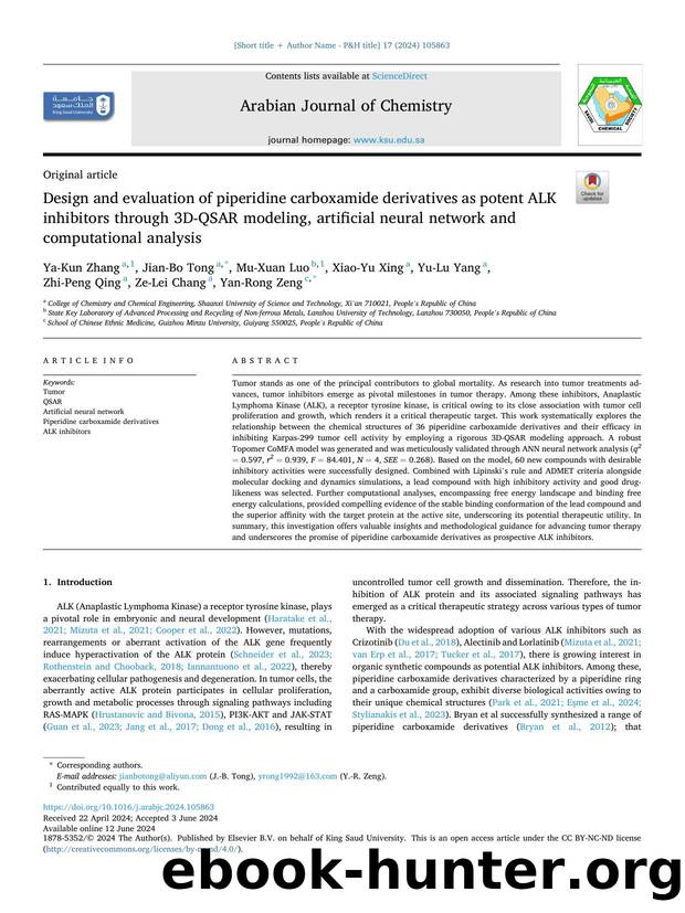 Design and evaluation of piperidine carboxamide derivatives as potent ALK inhibitors through 3D-QSAR modeling, artificial neural network and computational analysis by unknow