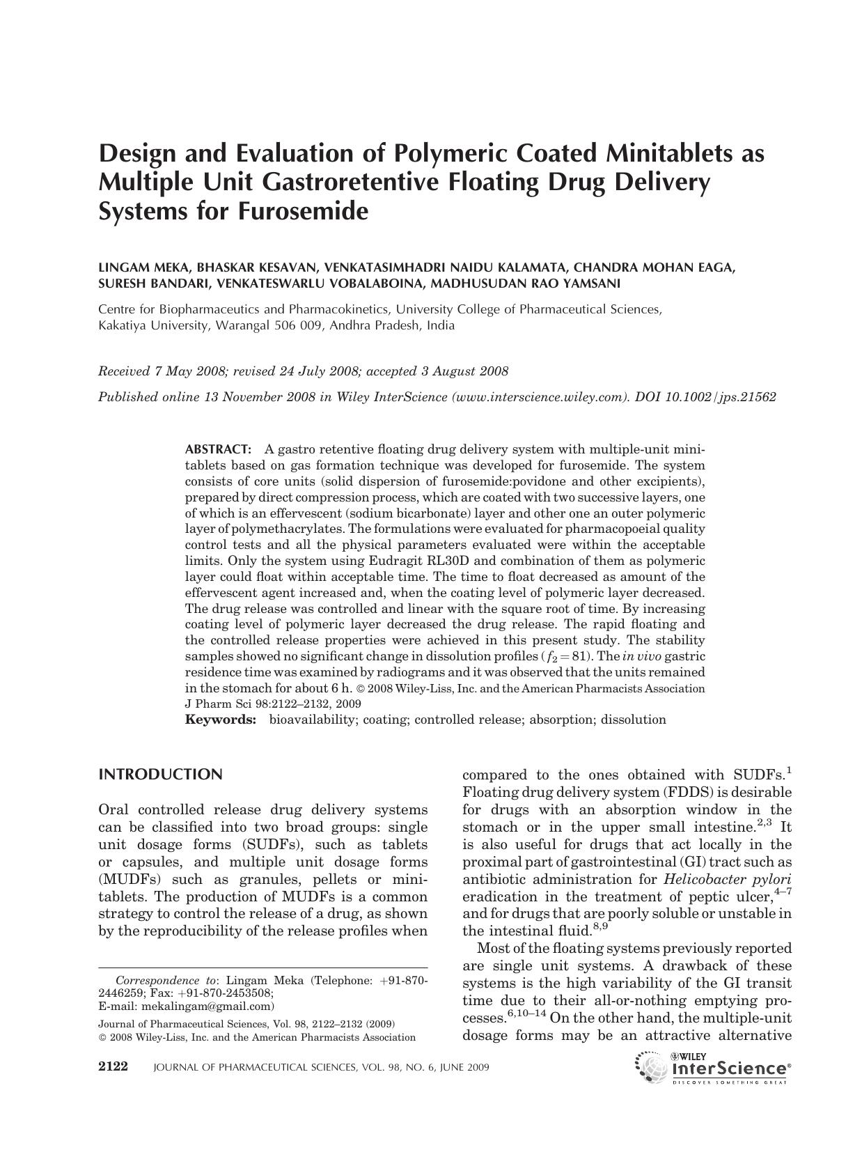 Design and evaluation of polymeric coated minitablets as multiple unit gastroretentive floating drug delivery systems for furosemide by Unknown