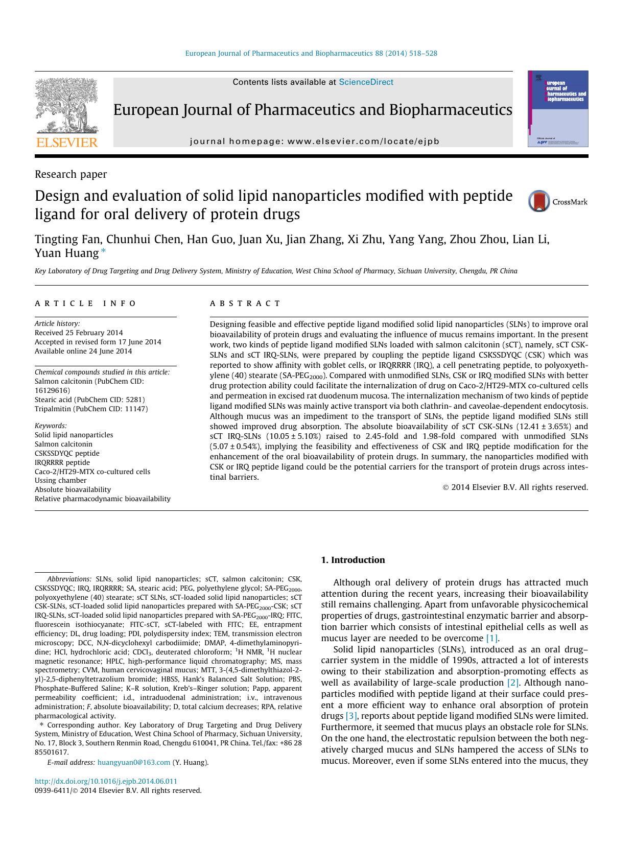 Design and evaluation of solid lipid nanoparticles modified with peptide ligand for oral delivery of protein drugs by unknow