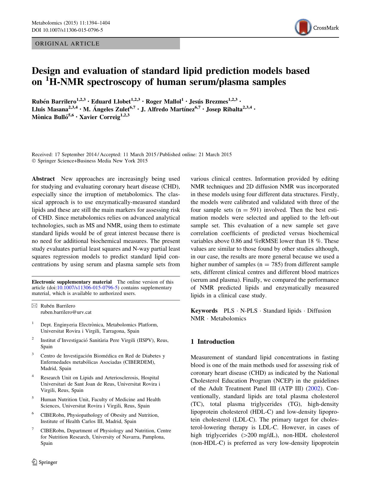 Design and evaluation of standard lipid prediction models based on 1H-NMR spectroscopy of human serumplasma samples by unknow