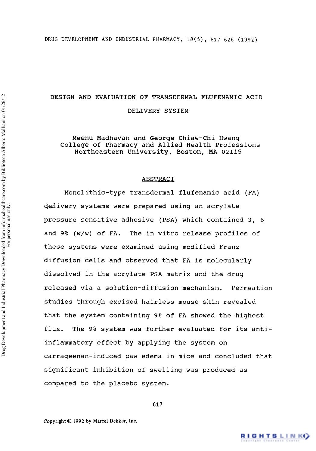 Design and evaluation of transdermal flufenamic acid delivery system by Meenu Madhavan & Georage Chiaw-Chi Hwang