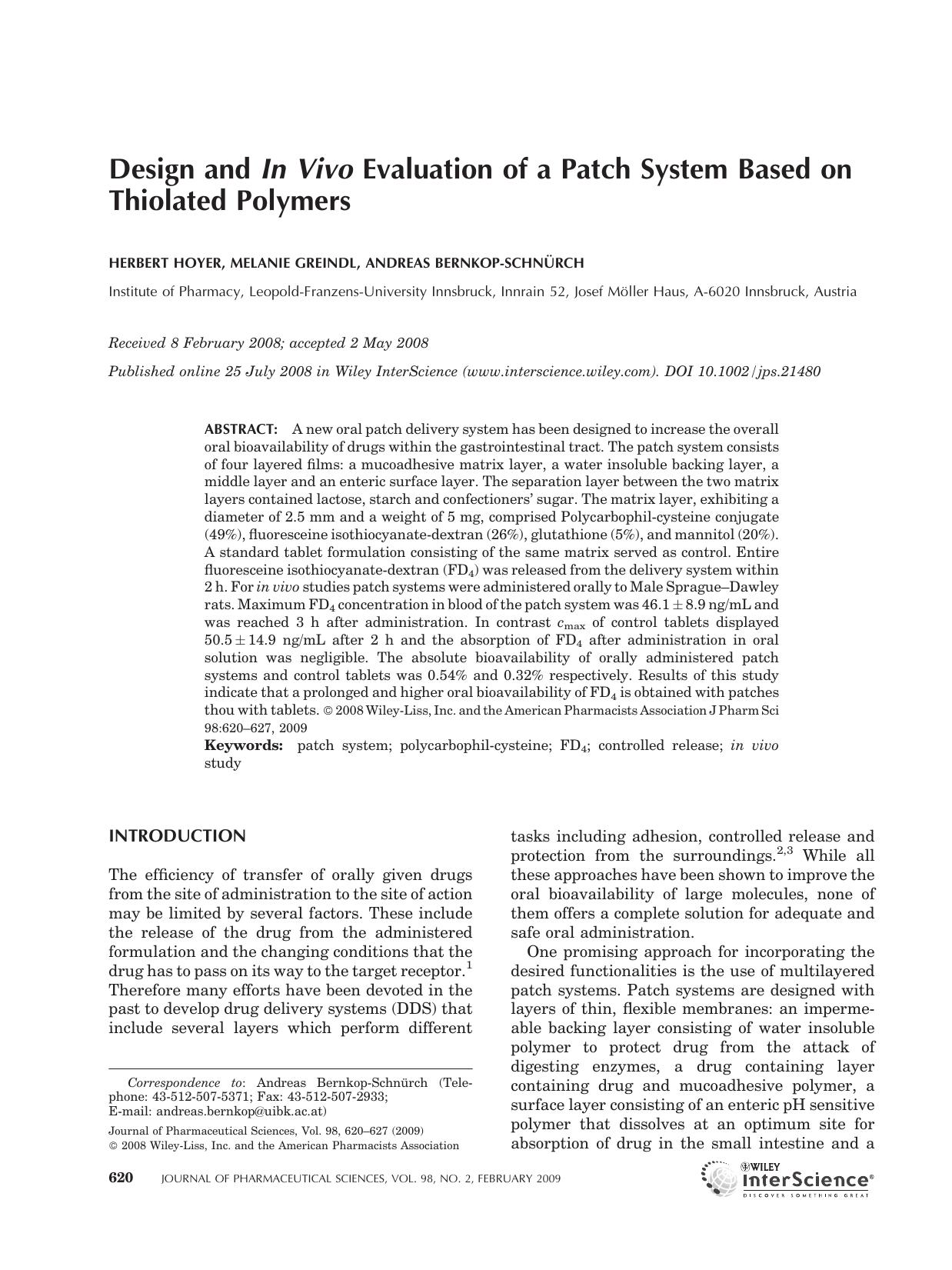 Design and in vivo evaluation of a patch system based on thiolated polymers by Unknown