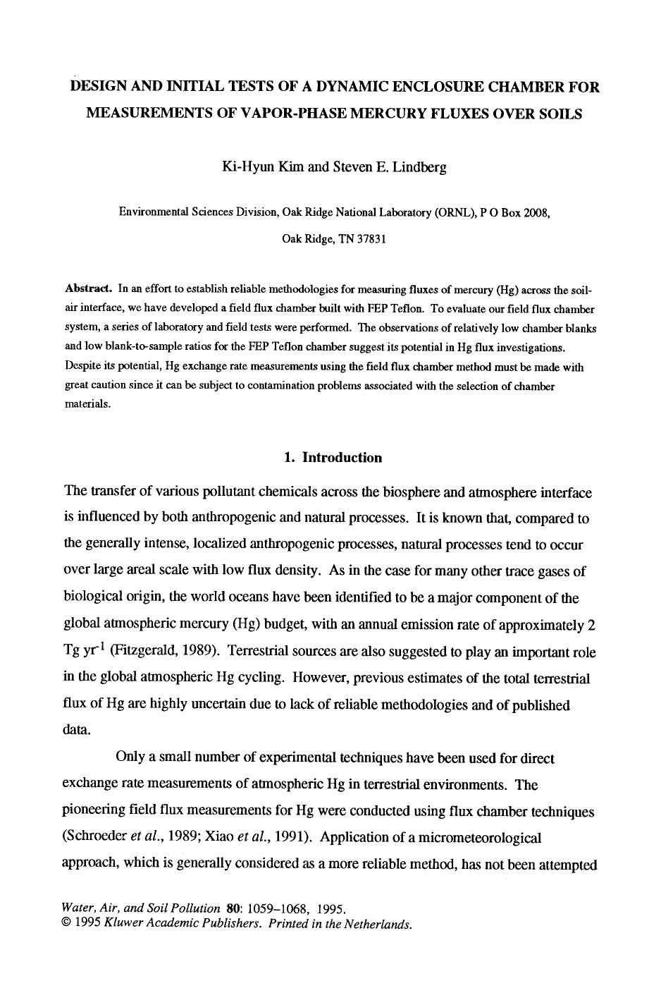 Design and initial tests of a dynamic enclosure chamber for measurements of vapor-phase mercury fluxes over soils by Unknown