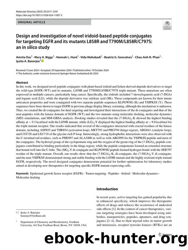 Design and investigation of novel iridoid-based peptide conjugates for targeting EGFR and its mutants L858R and T790ML858RC797S: an in silico study by unknow