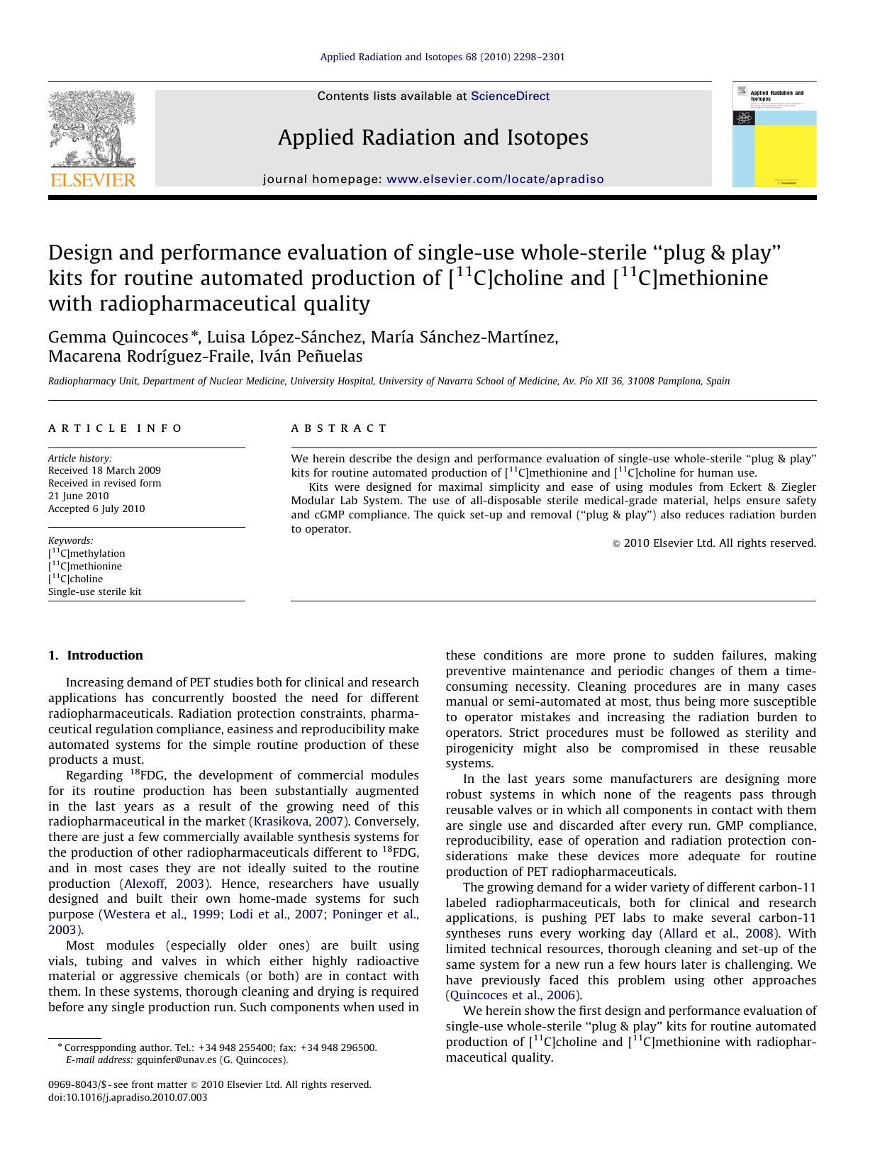 Design and performance evaluation of single-use whole-sterile âplug & playâ kits for routine automated production of [11C]choline and [11C]methionine with radiopharmaceutical quality by unknow