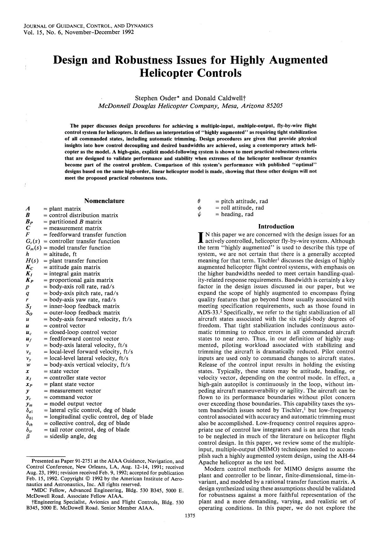 Design and robustness issues for highly augmented helicopter controls by Unknown