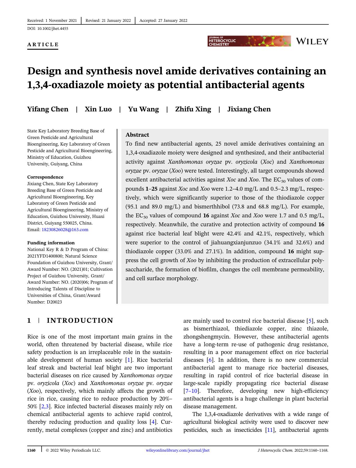 Design and synthesis novel amide derivatives containing an 1,3,4-oxadiazole moiety as potential antibacterial agents by Unknown