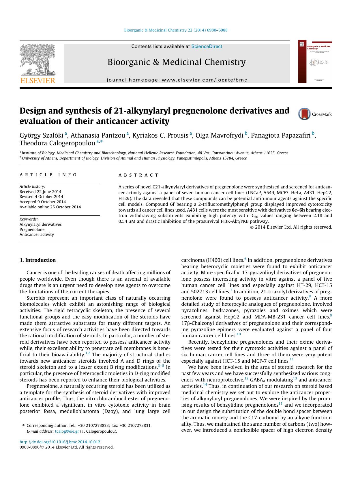 Design and synthesis of 21-alkynylaryl pregnenolone derivatives and evaluation of their anticancer activity by unknow