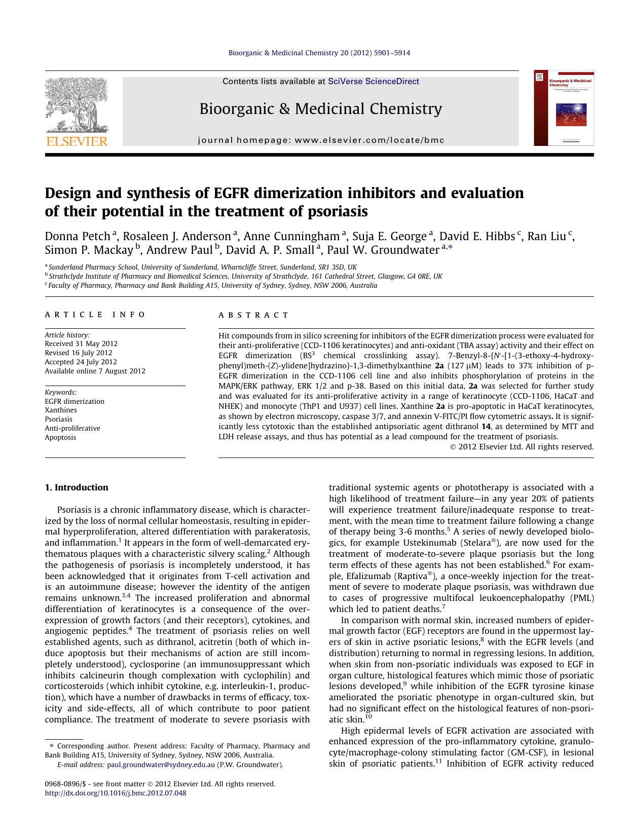 Design and synthesis of EGFR dimerization inhibitors and evaluation of their potential in the treatment of psoriasis by unknow
