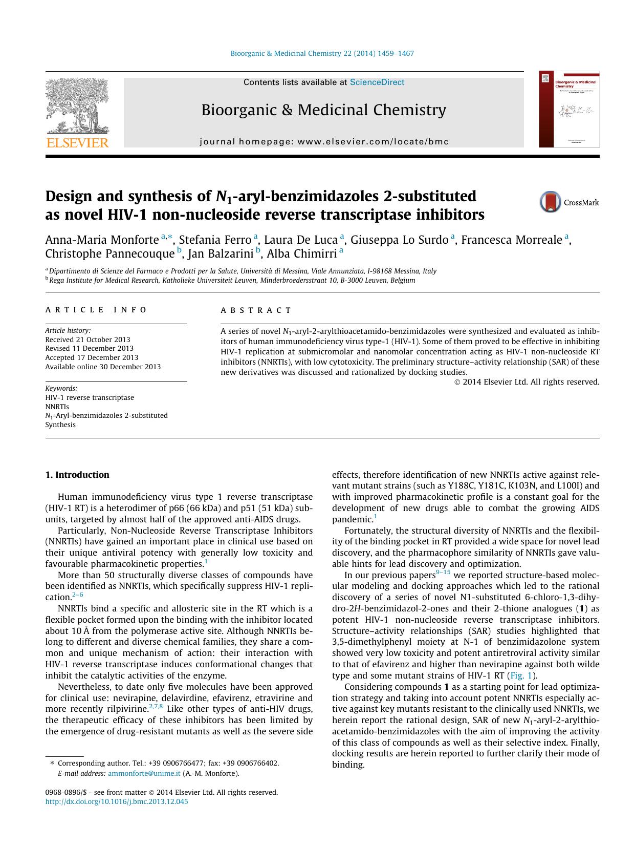 Design and synthesis of N1-aryl-benzimidazoles 2-substituted as novel HIV-1 non-nucleoside reverse transcriptase inhibitors by unknow