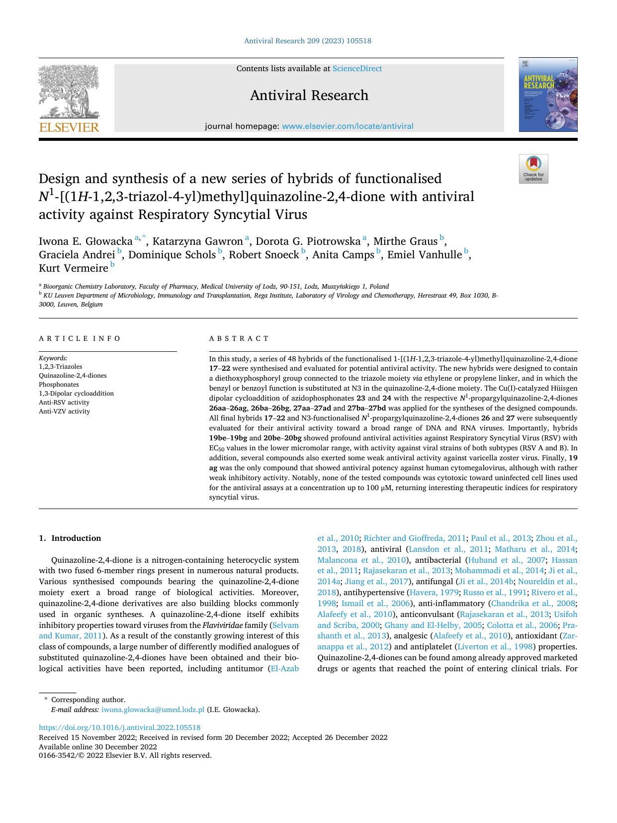 Design and synthesis of a new series of hybrids of functionalised N 1-[(1 H -1,2,3-triazol-4-yl)methyl]quinazoline-2,4-dione with antiviral activity against Respiratory Syncytial Virus by unknow