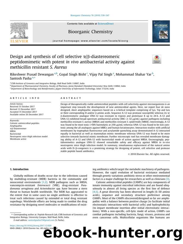 Design and synthesis of cell selective ÃÂ±ÃÂ²-diastereomeric peptidomimetic with potent in vivo antibacterial activity against methicillin resistant S. Aureus by Rikeshwer Prasad Dewangan