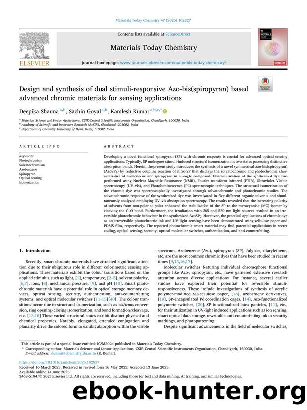 Design and synthesis of dual stimuli-responsive Azo-bis(spiropyran) based advanced chromic materials for sensing applications by Deepika Sharma & Sachin Goyal & Kamlesh Kumar