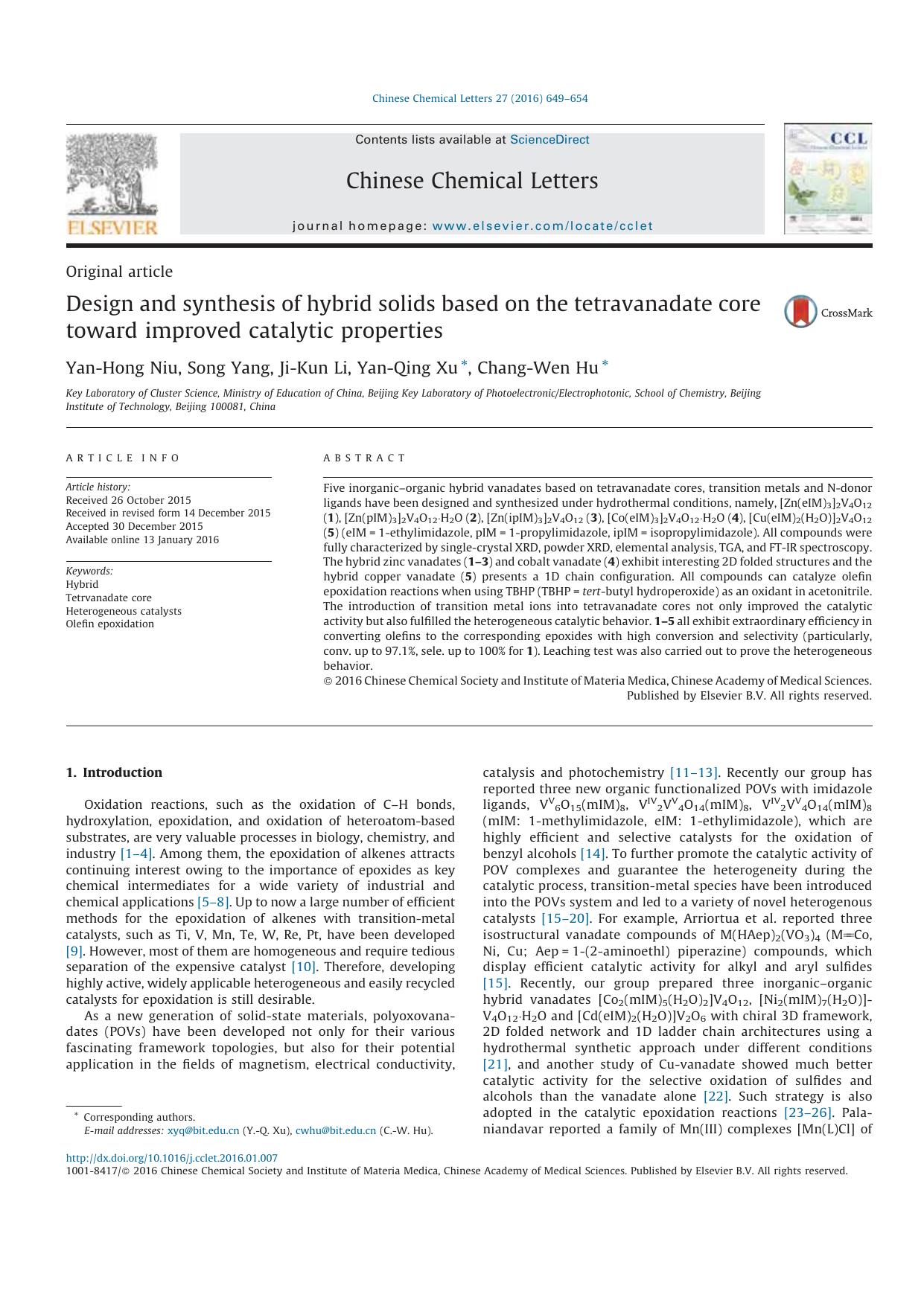 Design and synthesis of hybrid solids based on the tetravanadate core toward improved catalytic properties by Yan-Hong Niu & Song Yang & Ji-Kun Li & Yan-Qing Xu & Chang-Wen Hu