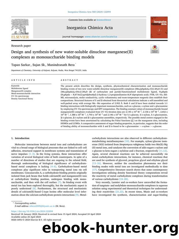 Design and synthesis of new water-soluble dinuclear manganese(II) complexes as monosaccharide binding models by Tapan Sarkar & Sujan Sk & Manindranath Bera
