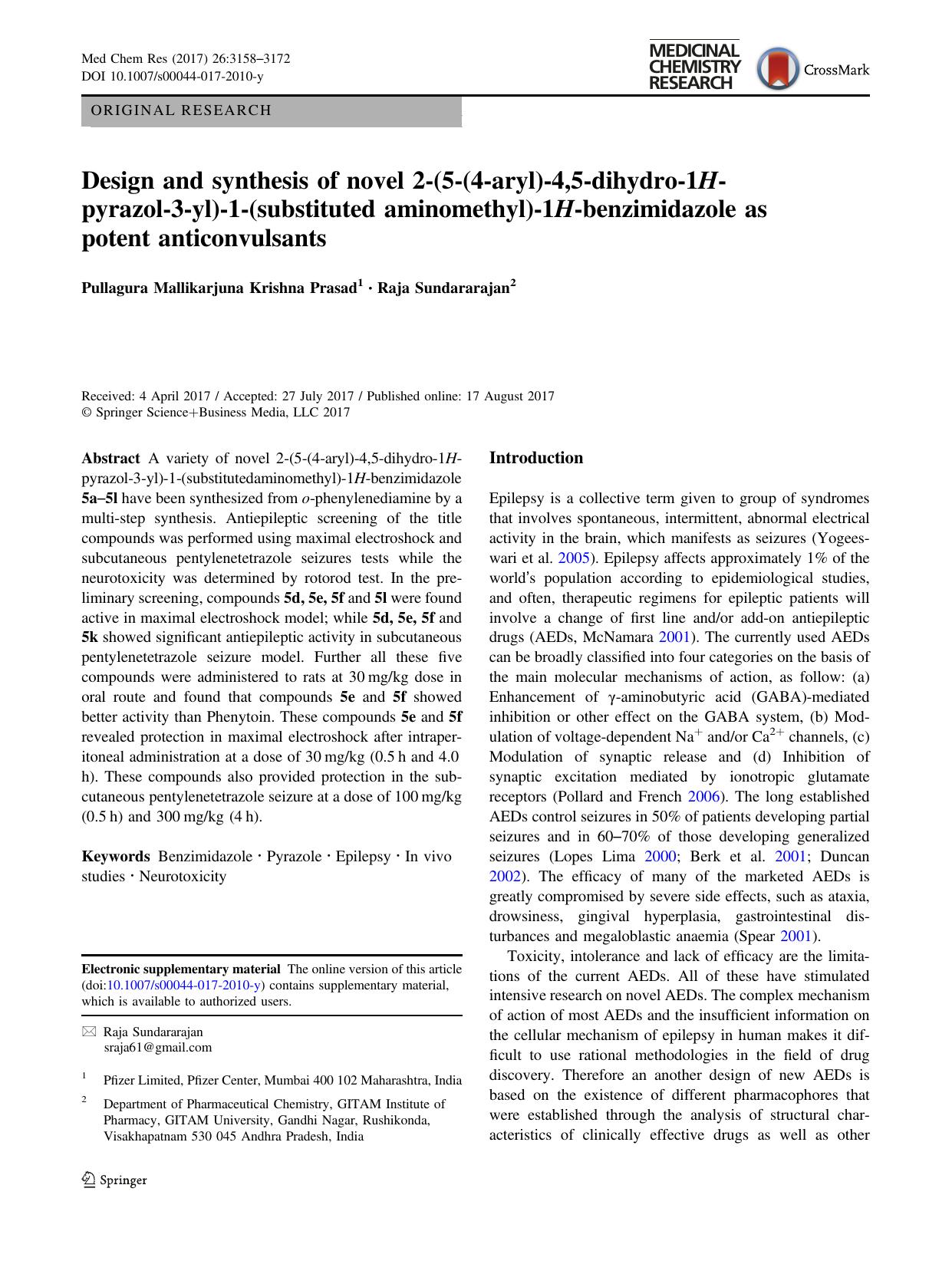 Design and synthesis of novel 2-(5-(4-aryl)-4,5-dihydro-1H-pyrazol-3-yl)-1-(substituted aminomethyl)-1H-benzimidazole as potent anticonvulsants by Pullagura Mallikarjuna Krishna Prasad & Raja Sundararajan