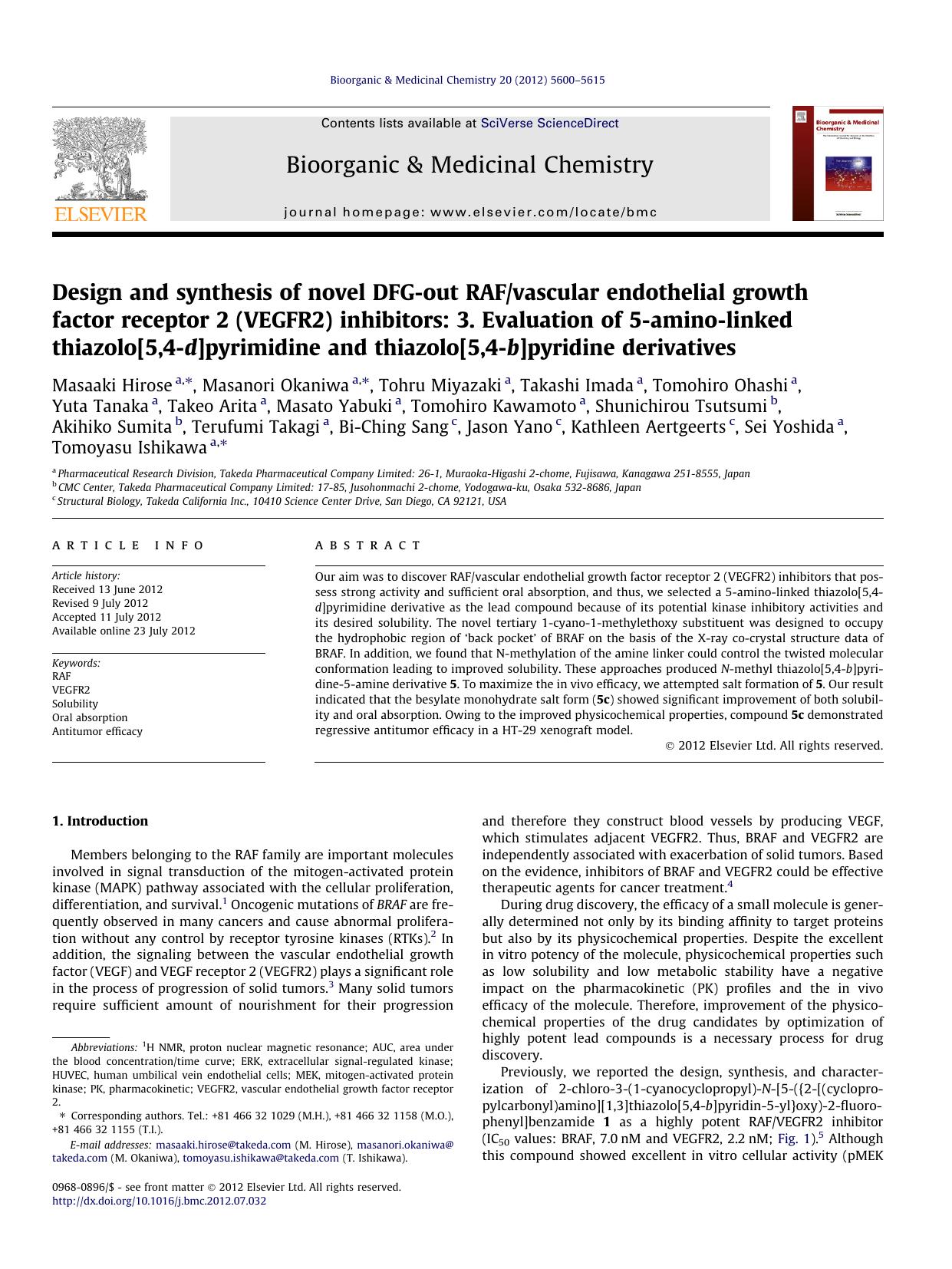 Design and synthesis of novel DFG-out RAFvascular endothelial growth factor receptor 2 (VEGFR2) inhibitors: 3. Evaluation of 5-amino-linked thiazolo[5,4-d]pyrimidine and thiazolo[5 by unknow