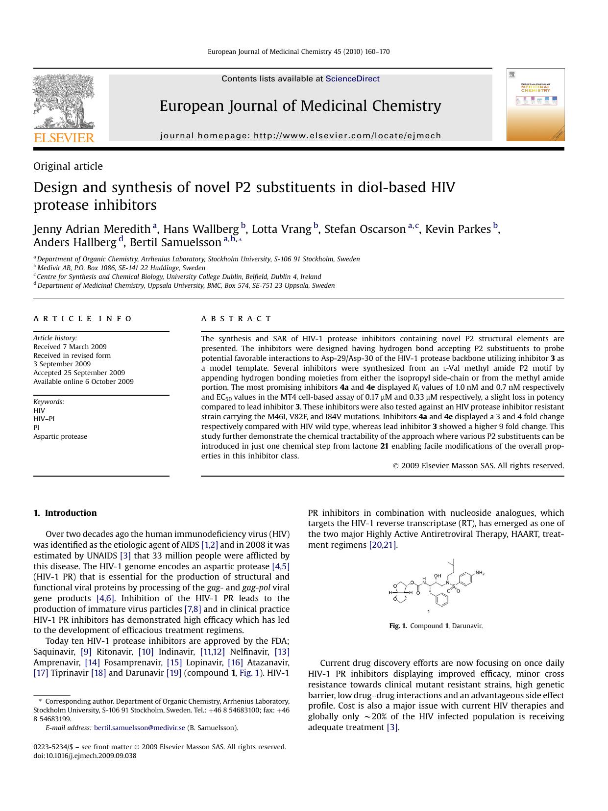 Design and synthesis of novel P2 substituents in diol-based HIV protease inhibitors by unknow