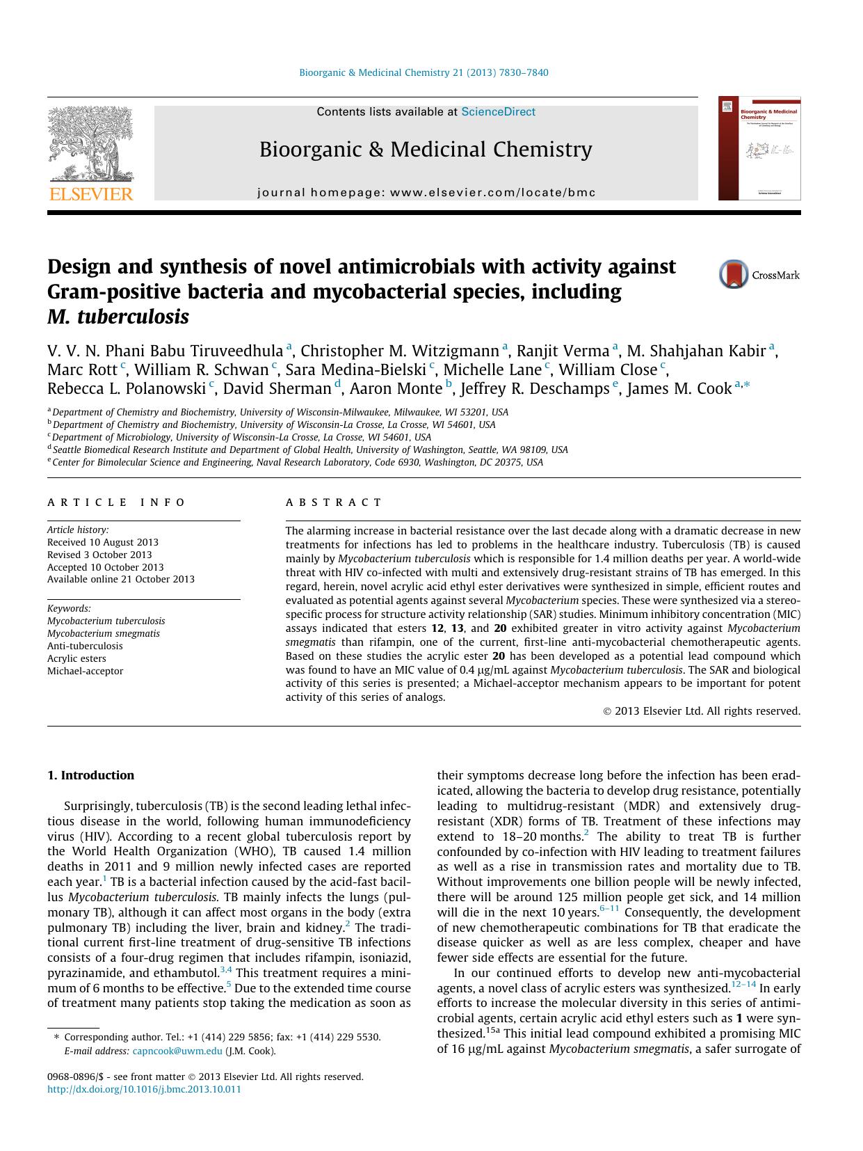Design and synthesis of novel antimicrobials with activity against Gram-positive bacteria and mycobacterial species, including M. tuberculosis by unknow