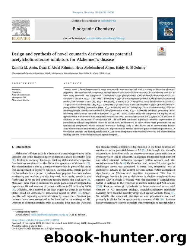 Design and synthesis of novel coumarin derivatives as potential acetylcholinesterase inhibitors for Alzheimer's disease by Kamilia M. Amin & Doaa E. Abdel Rahman & Heba Abdelrasheed Allam & Haidy H. El-Zoheiry