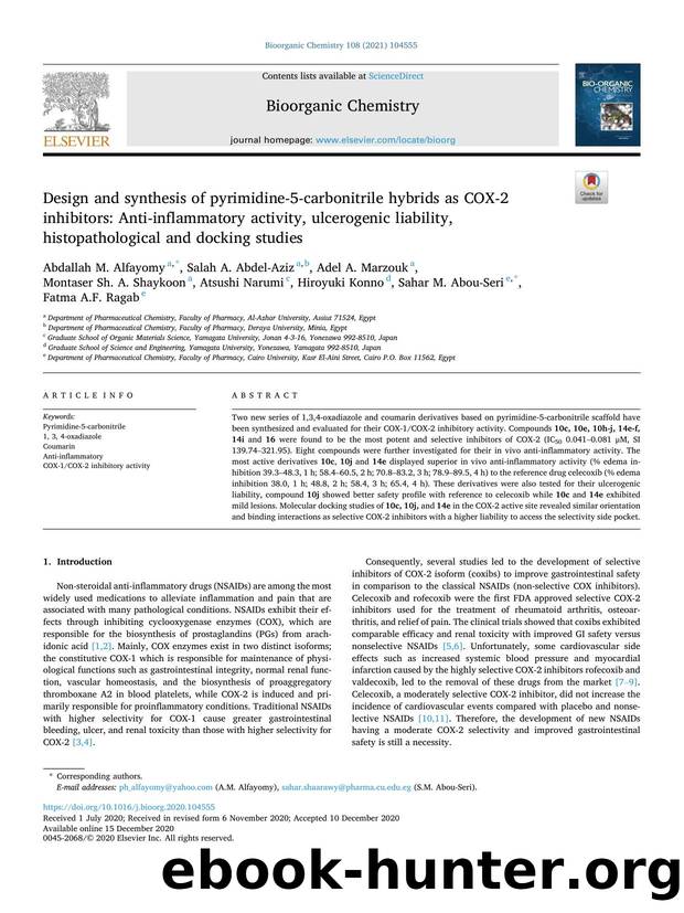 Design and synthesis of pyrimidine-5-carbonitrile hybrids as COX-2 inhibitors: Anti-inflammatory activity, ulcerogenic liability, histopathological and docking studies by unknow