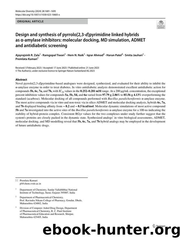 Design and synthesis of pyrrolo[2,3-d]pyrimidine linked hybrids as Î±-amylase inhibitors: molecular docking, MD simulation, ADMET and antidiabetic screening by unknow