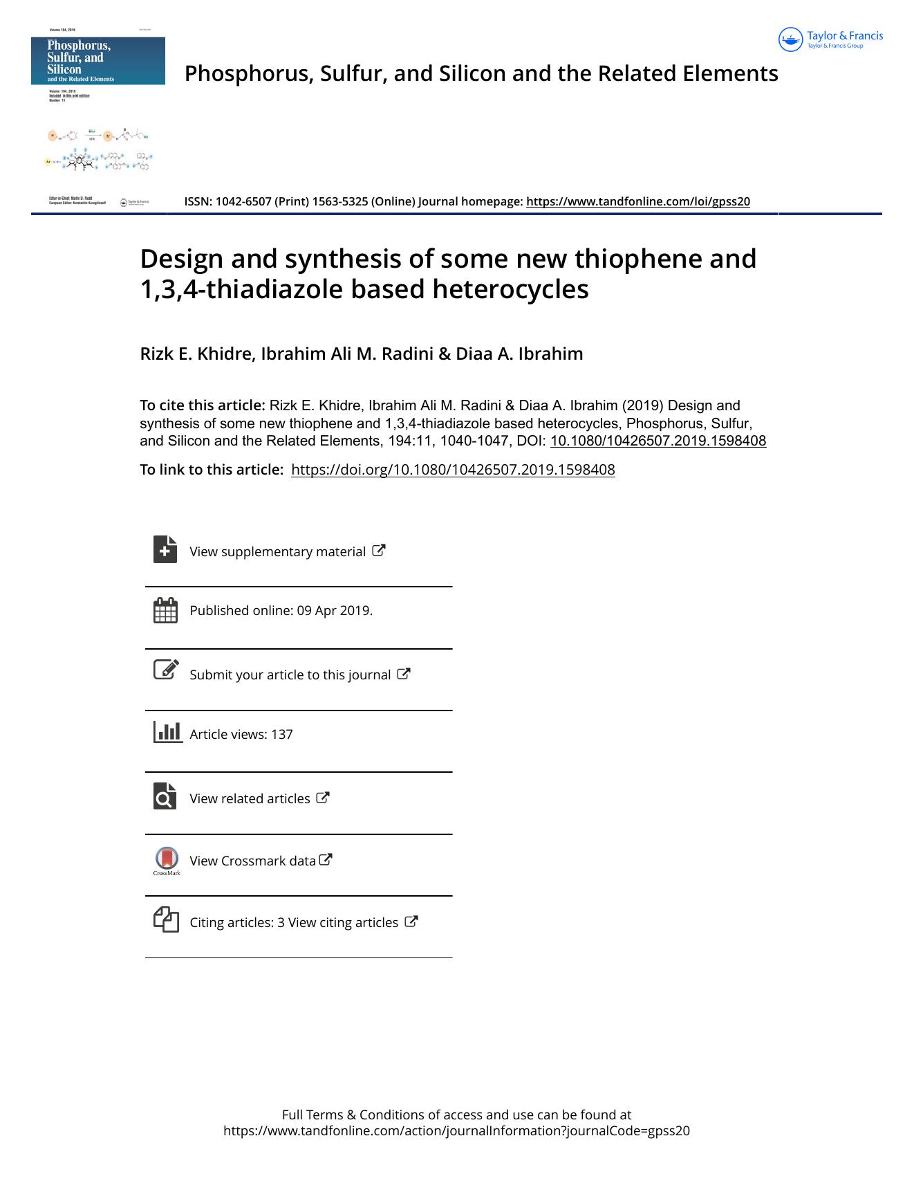 Design and synthesis of some new thiophene and 1,3,4-thiadiazole based heterocycles by Khidre Rizk E. & Radini Ibrahim Ali M. & Ibrahim Diaa A